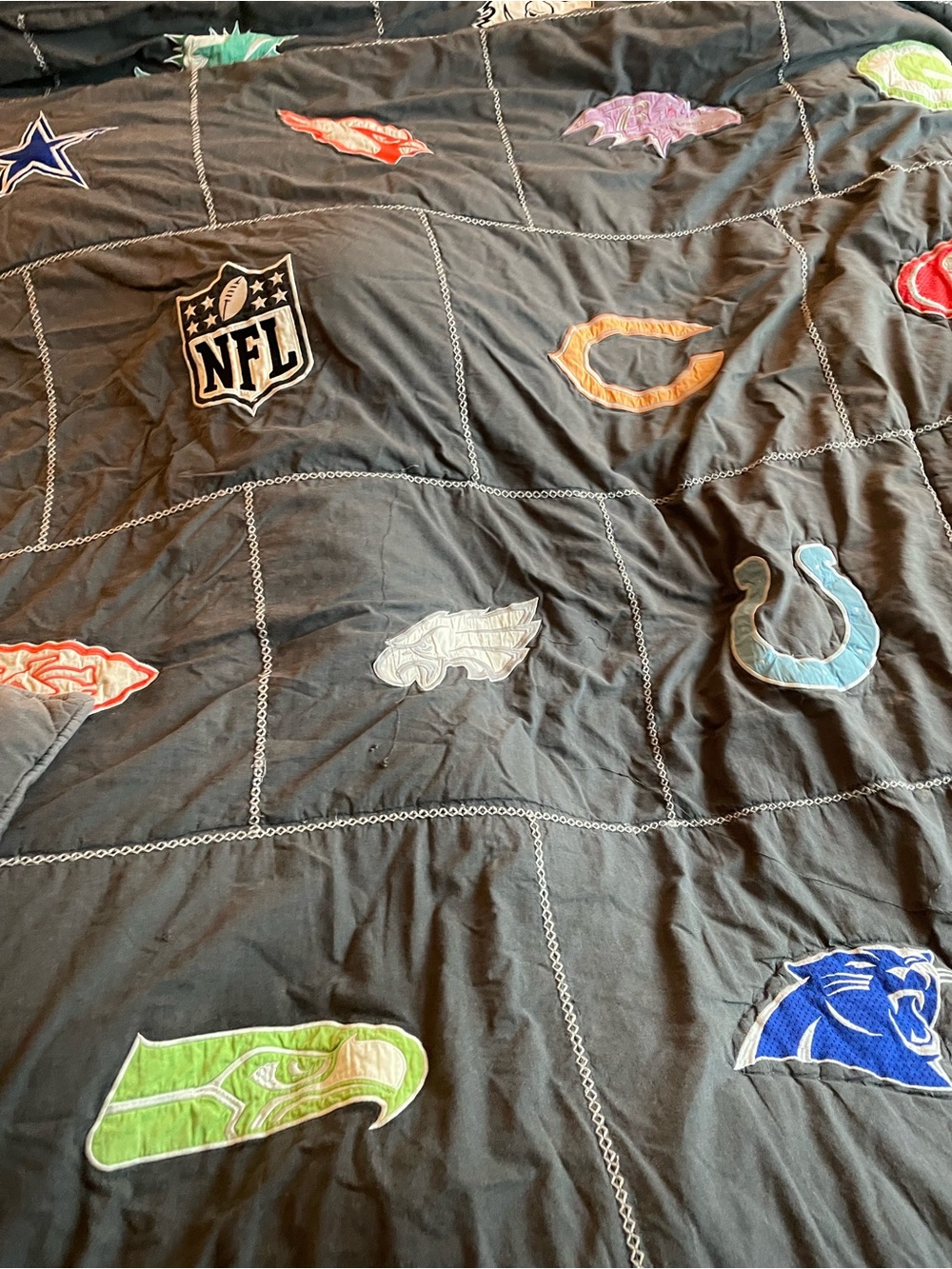 Pottery Barn Teen Black NFL Patchwork Comforter with Multicolored Team Patches